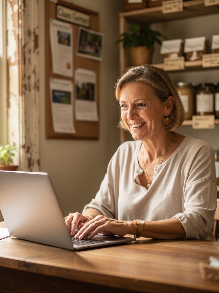 Small business owner working at computer in their local shop